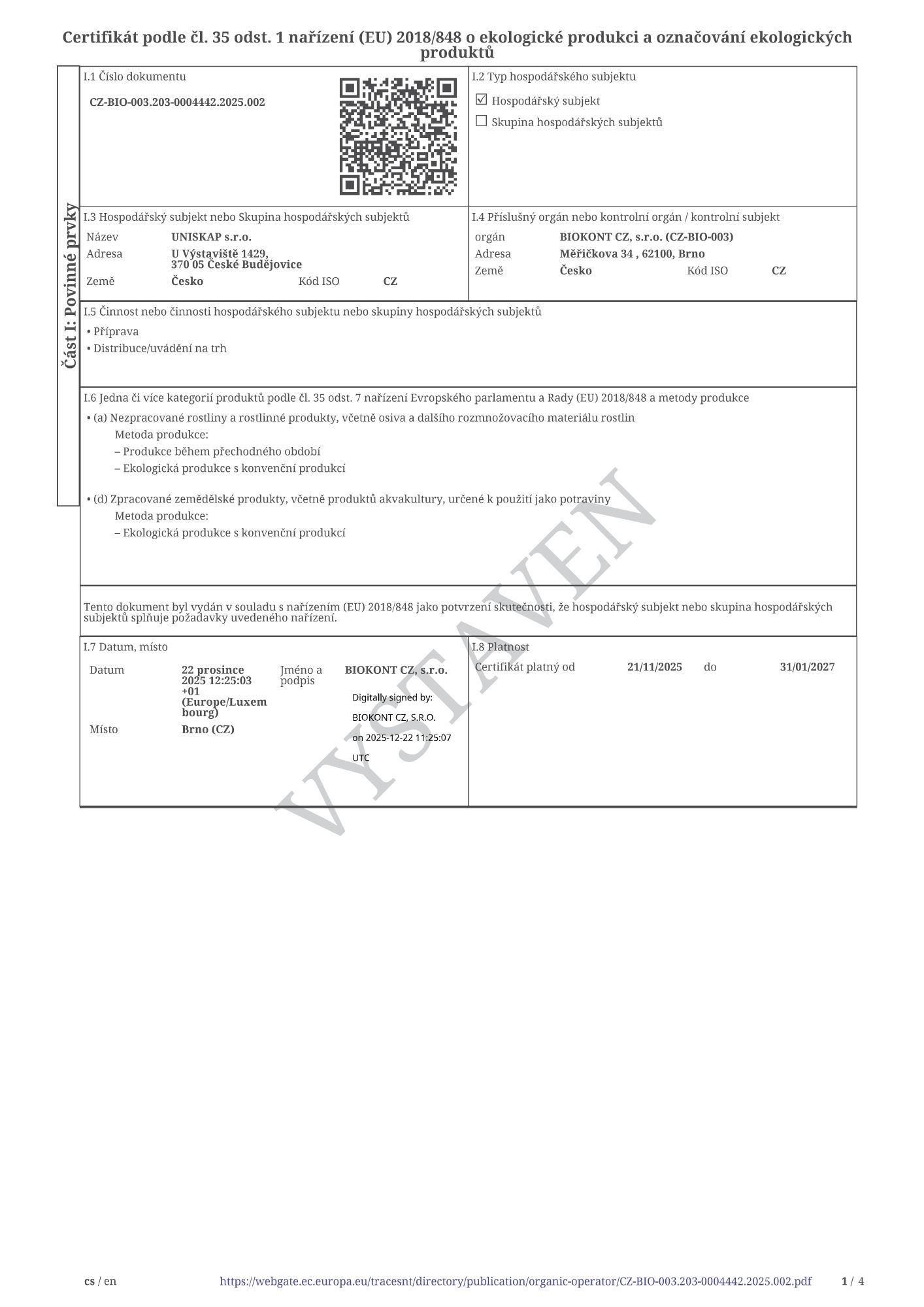 Bio certifikát UNISKAP - 1_strana