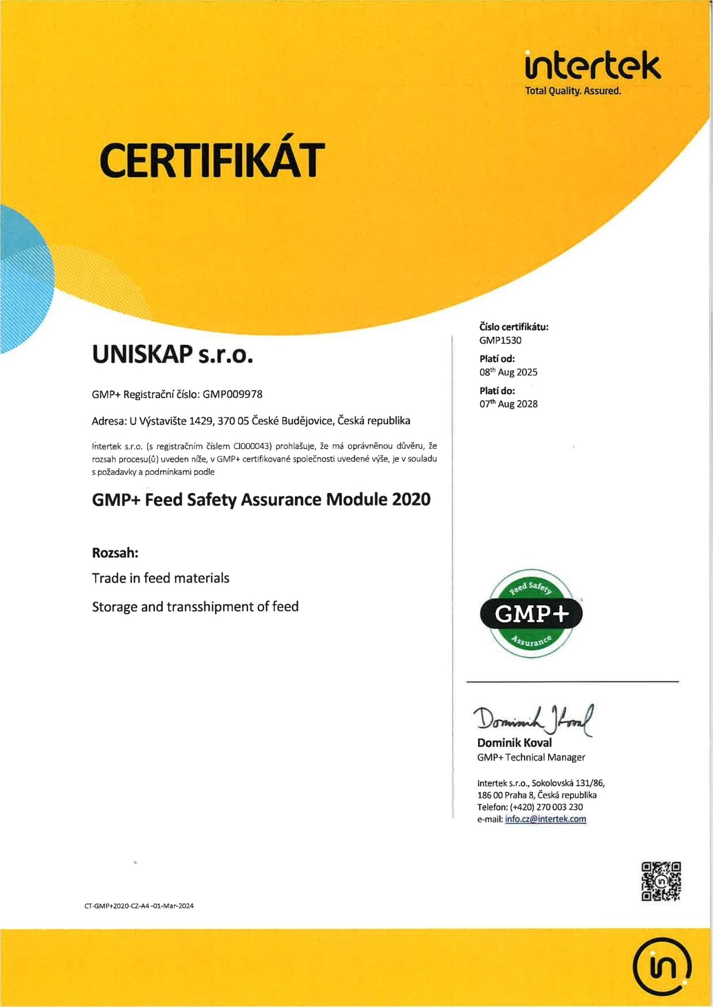 Scan cert GMP+_CZ_UNISKAP 2025-2028
